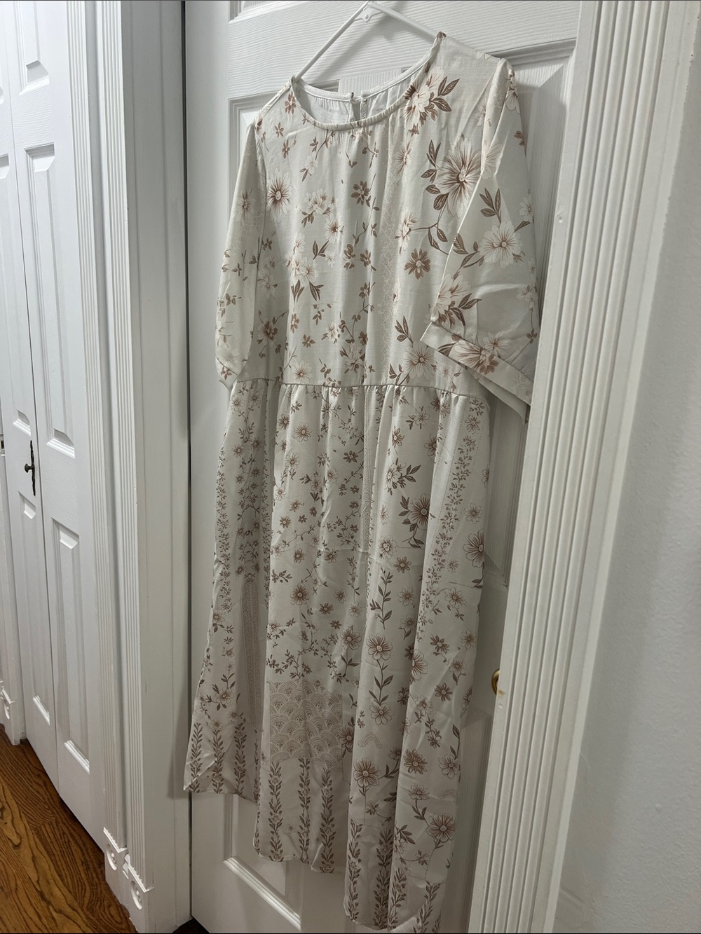 Cream Floral Midi Dress with Brown Print